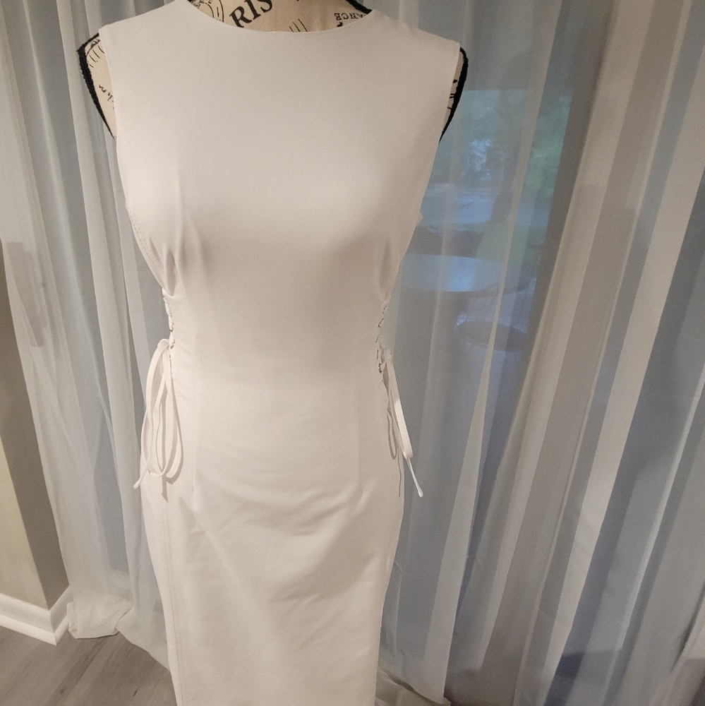 Calvin Klein White Dress with Gold Zipper, Size 2